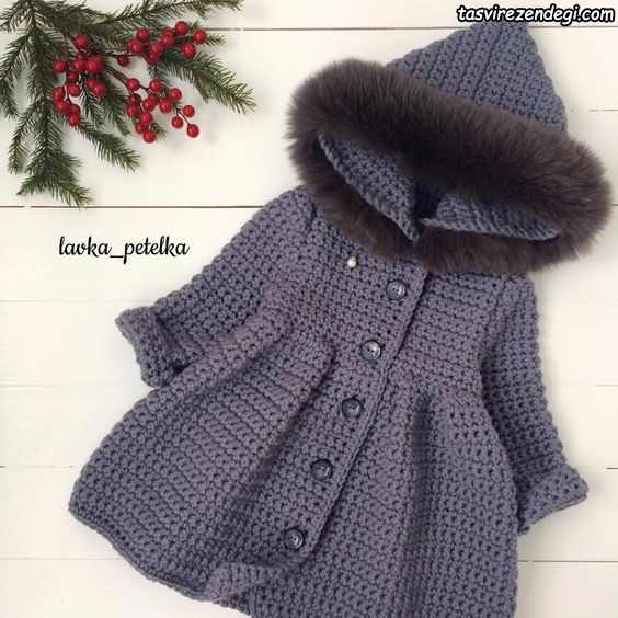 پالتو بافتنی دخترانه قلاب بافی کلاه دار