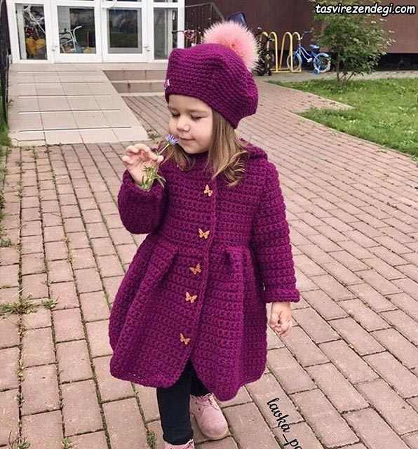 پالتو بافتنی دخترانه قلاب بافی با کلاه