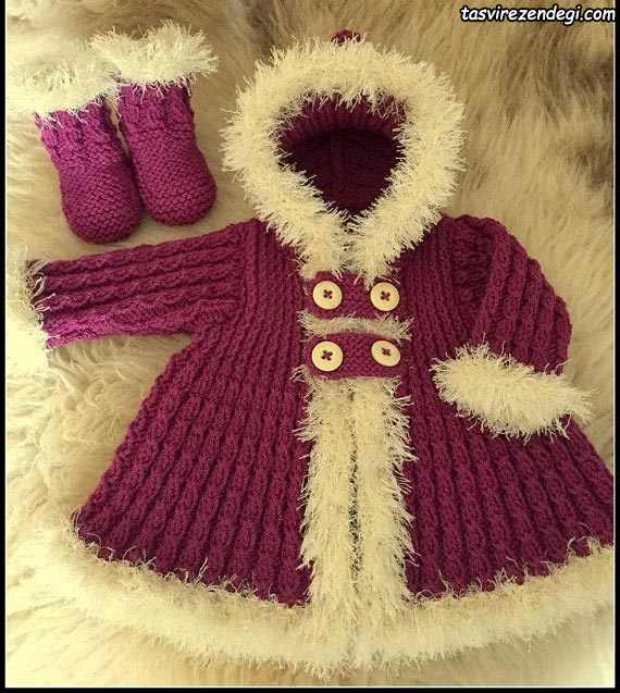 پالتو بافتنی دخترانه زرشکی و سفید