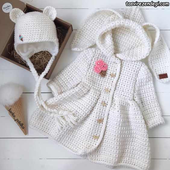 پالتو بافتنی دخترانه کلاه دار قلاب بافی