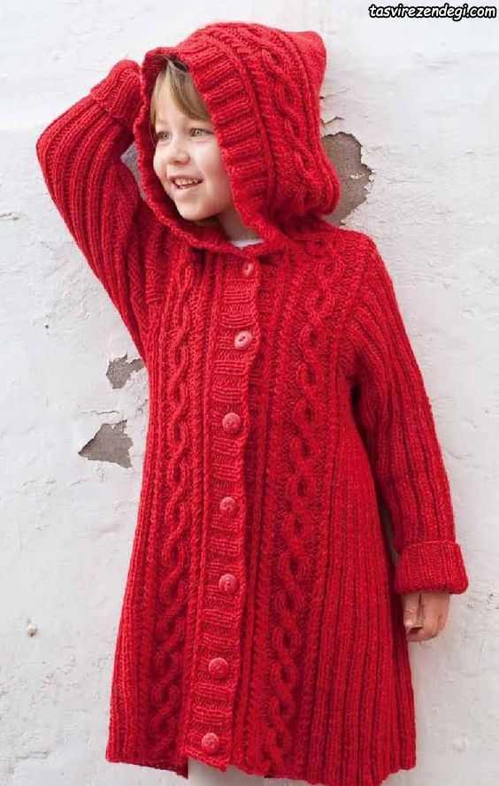 پالتو بافتنی دخترانه میل بافی قرمز