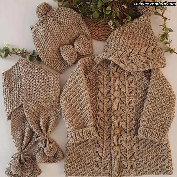 ست کلاه شال پالتو بافتنی دخترانه