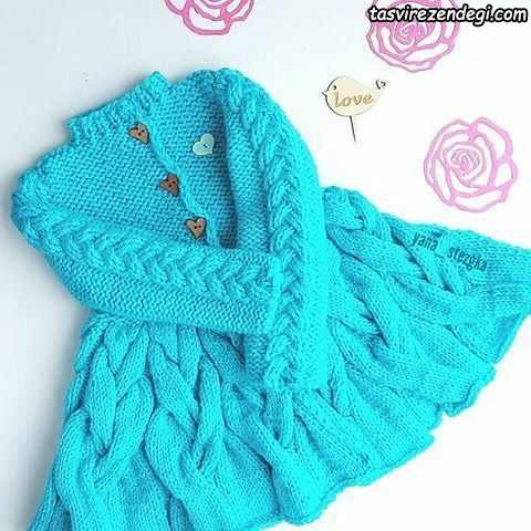 پالتو بافتنی دخترانه میل بافی آبی مدل پیچ