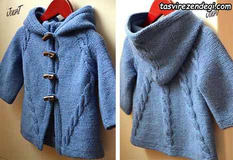 مدل پالتو بافتنی بچگانه دخترانه پسرانه آبی کلاه دار