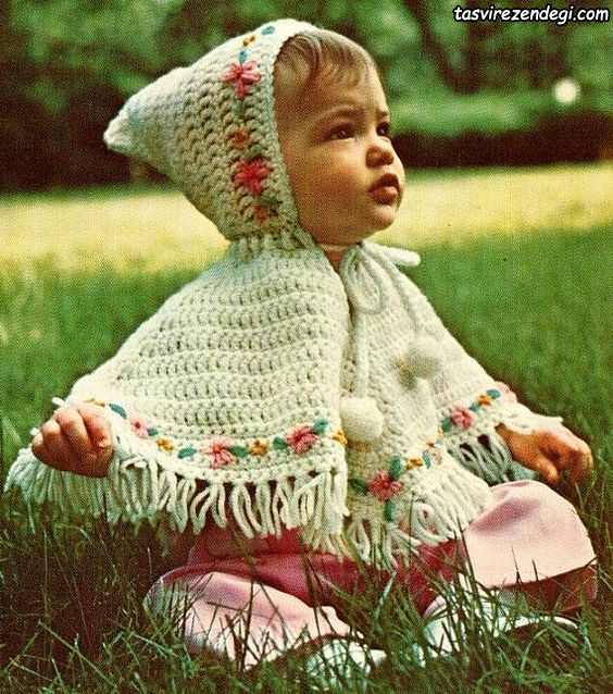 مدل شنل بافتنی بچه گانه قلاب بافی کلاه دار