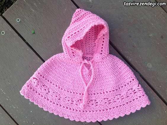 مدل شنل بافتنی بچه گانه قلاب بافی کلاه دار صورتی
