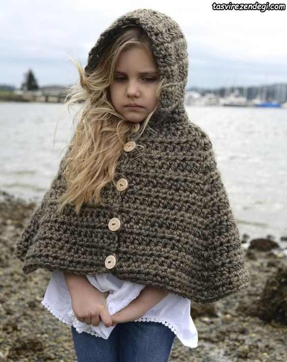 مدل شنل بافتنی بچه گانه قلاب بافی کلاه دار