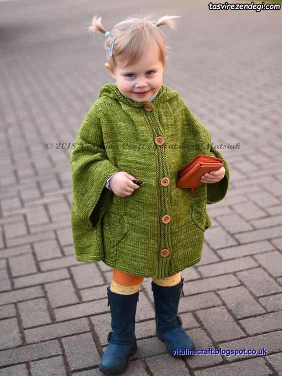 مدل شنل بافتنی بچه گانه میل بافی کلاه دار سبز