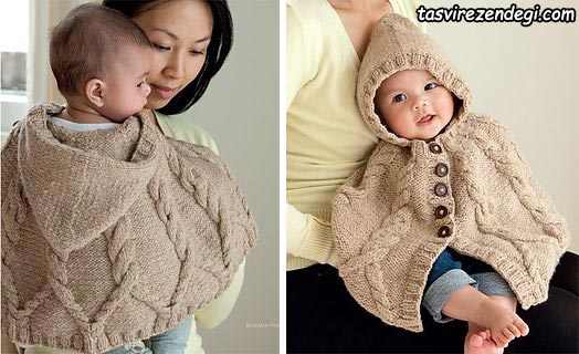 مدل شنل بافتنی بچه گانه میل بافی کلاه دار