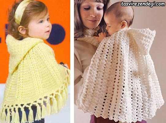 مدل شنل بافتنی بچه گانه قلاب بافی کلاه دار