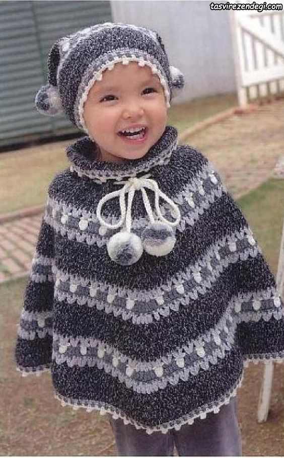 مدل شنل بافتنی بچه گانه قلاب بافی کلاه دار