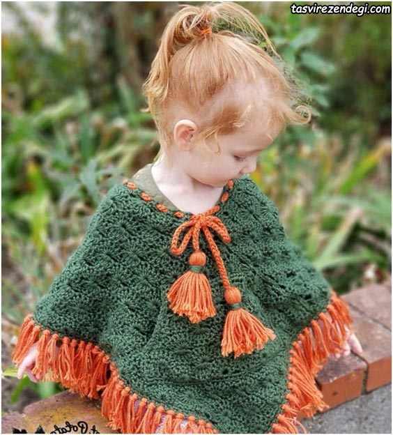 مدل شنل بافتنی بچه گانه دخترانه سبز و نارنجی
