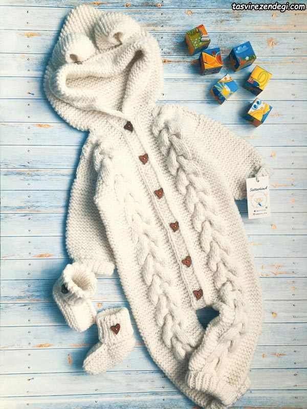 مدل سرهمی بافتنی میل بافی سفید کلاه دار