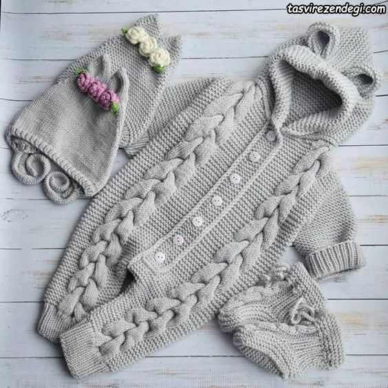 مدل ست کلاه پاپوش سرهمی بافتنی میل بافی طوسی