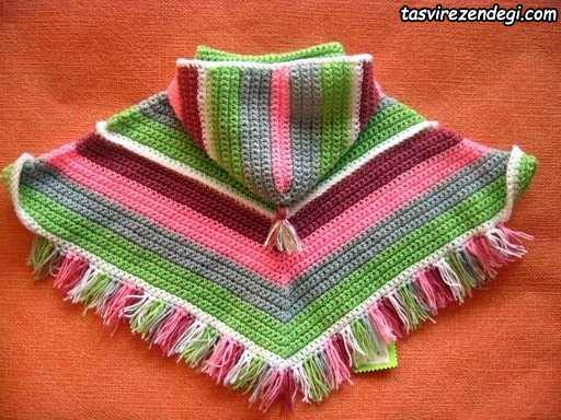 مدل شنل بافتنی دخترانه کلاه دار