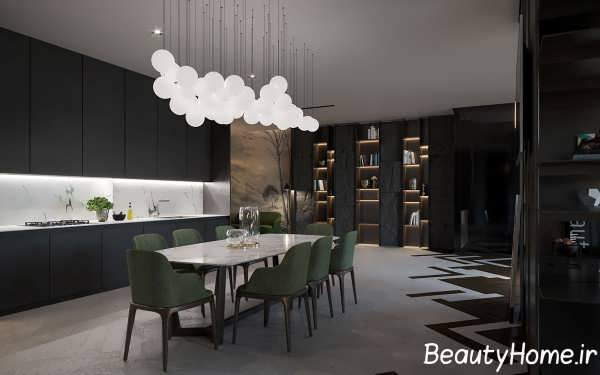 چیدمان عالی آشپزخانه با تم تیره