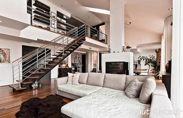 طراحی دکوراسیون خانه دوبلکس با رنگ های تیره و روشن 