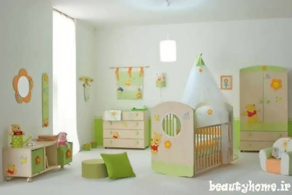 چیدمان اتاق نوزاد با رنگ سبز و طراحی شیک